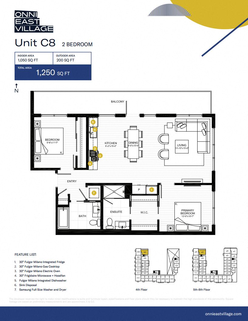 Floor plan for 2 beds, 2 baths, 1050 sqft